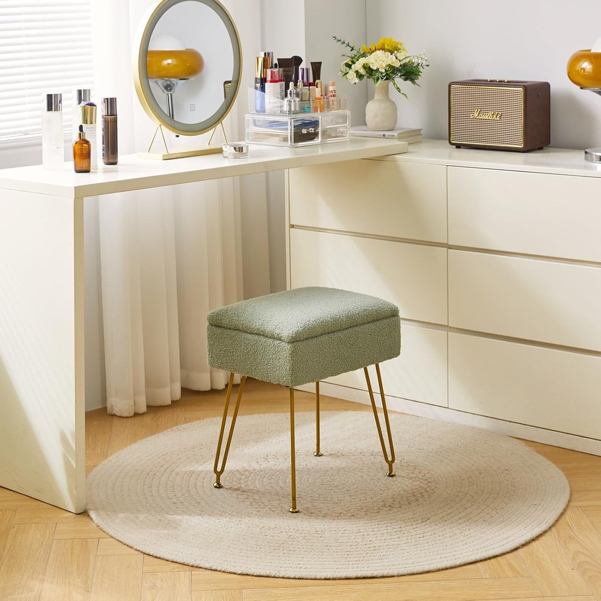 Green Velvet Storage Ottoman Stool with Metal Legs Modern Bench 40×30×47cm - Kwikley