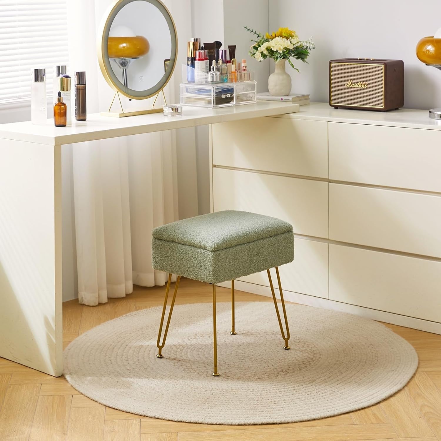 Green Velvet Storage Ottoman Stool with Metal Legs Modern Bench 40×30×47cm - Kwikley