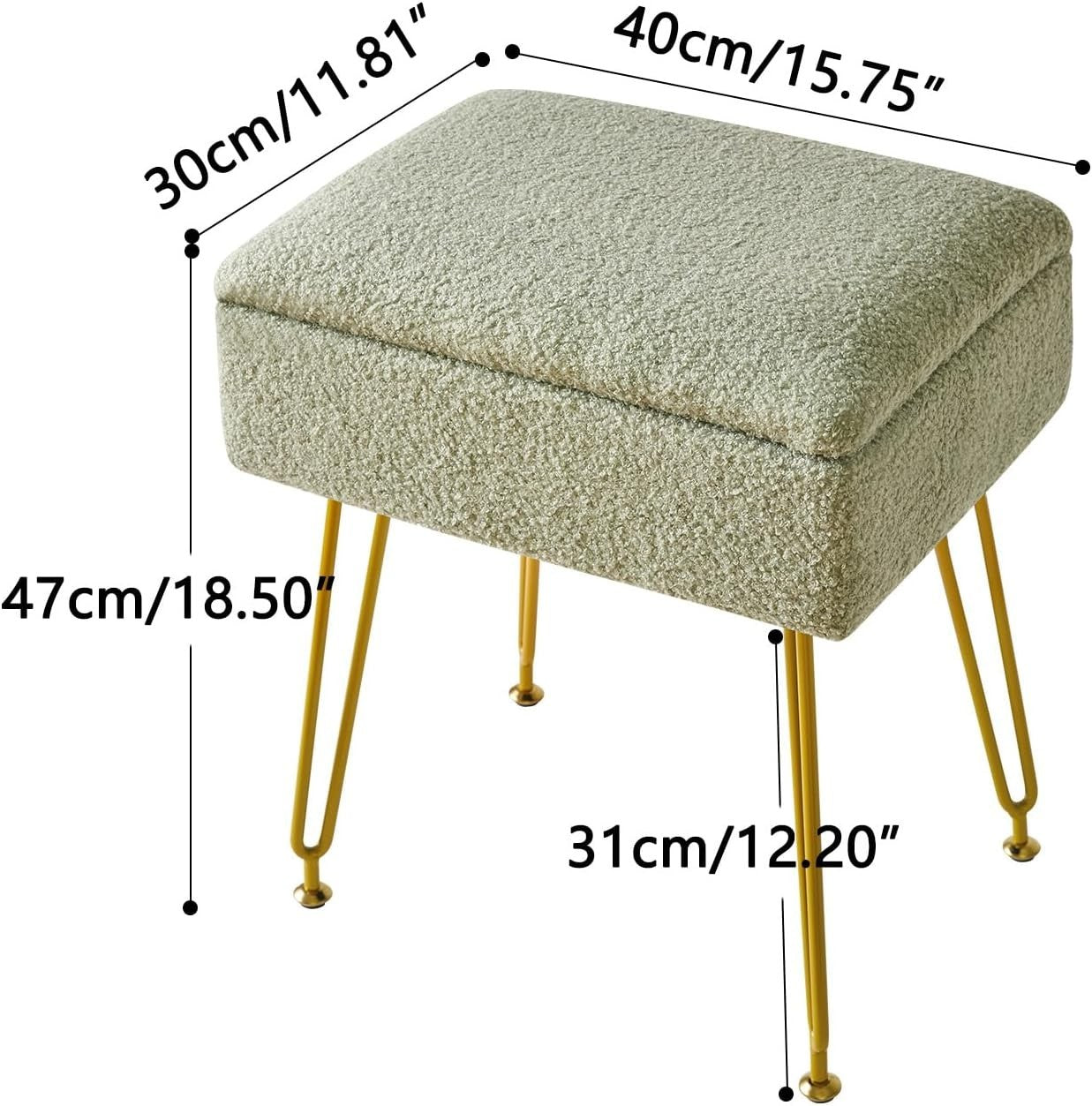 Green Velvet Storage Ottoman Stool with Metal Legs Modern Bench 40×30×47cm - Kwikley