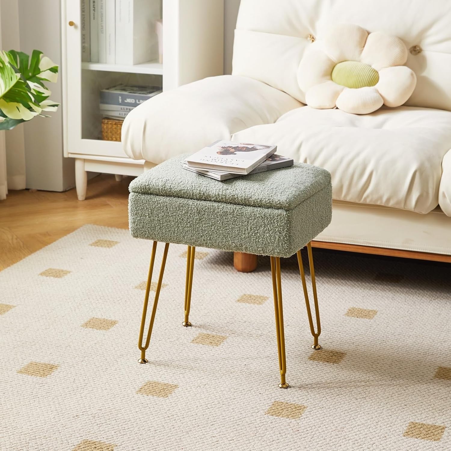 Green Velvet Storage Ottoman Stool with Metal Legs Modern Bench 40×30×47cm - Kwikley