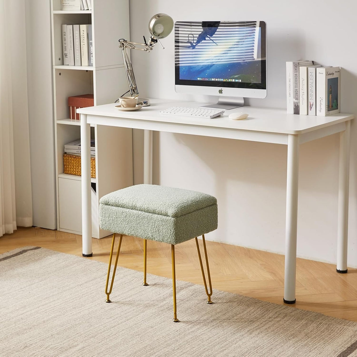 Green Velvet Storage Ottoman Stool with Metal Legs Modern Bench 40×30×47cm - Kwikley