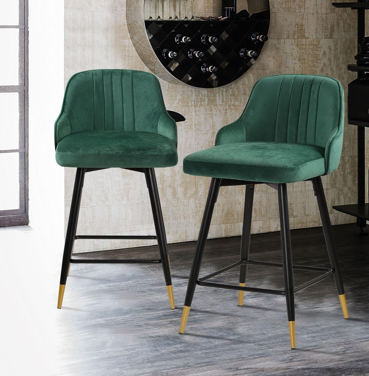 Green Velvet Swivel Bar Stools Set of 4 65cm – Modern Kitchen Counter Chairs - Kwikley