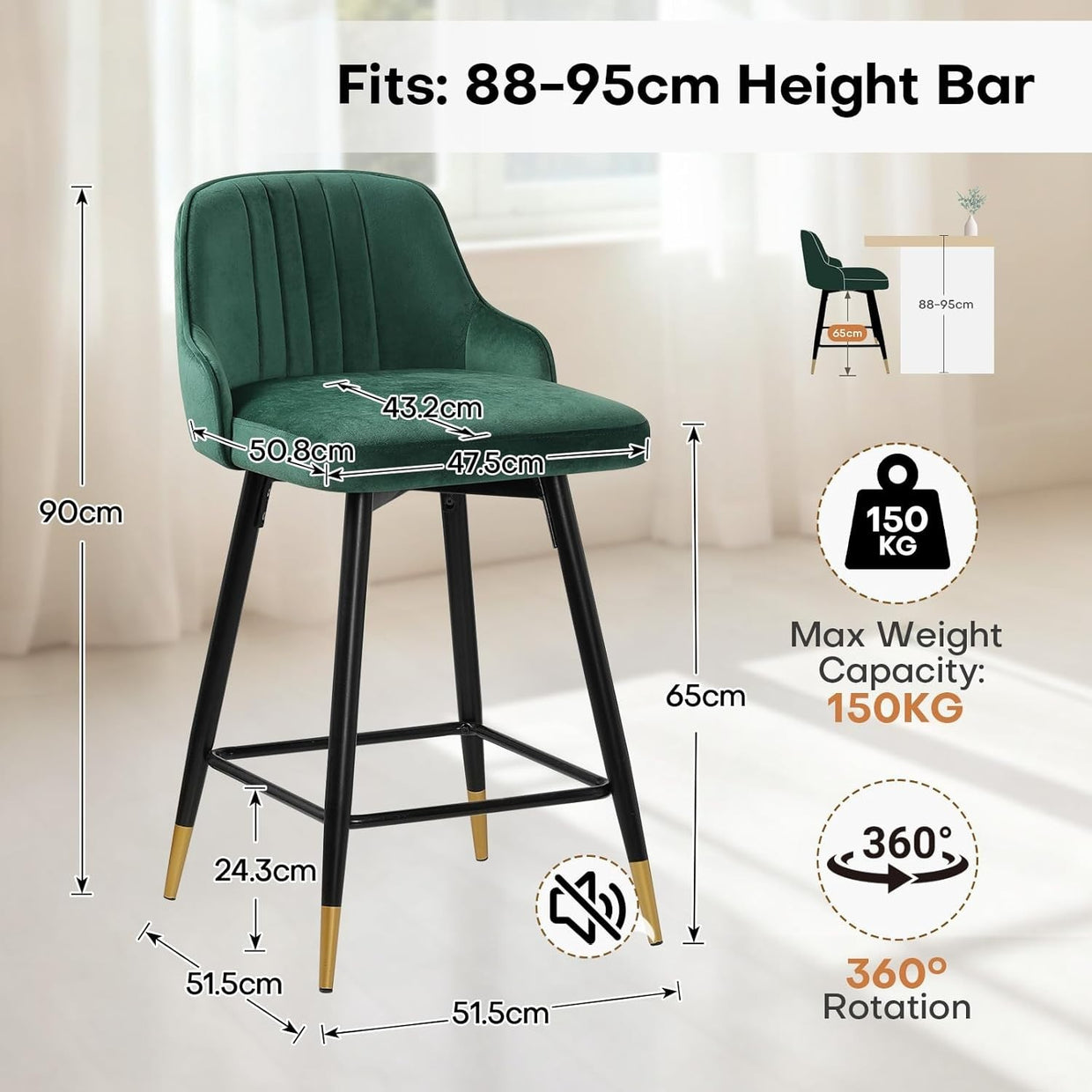 Green Velvet Swivel Bar Stools Set of 4 65cm – Modern Kitchen Counter Chairs - Kwikley