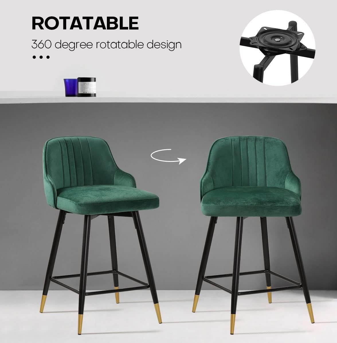 Green Velvet Swivel Bar Stools Set of 4 65cm – Modern Kitchen Counter Chairs - Kwikley