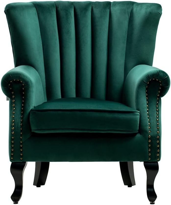 Green Velvet Wingback Accent Chair Fireside Armchair Wood Legs - Kwikley