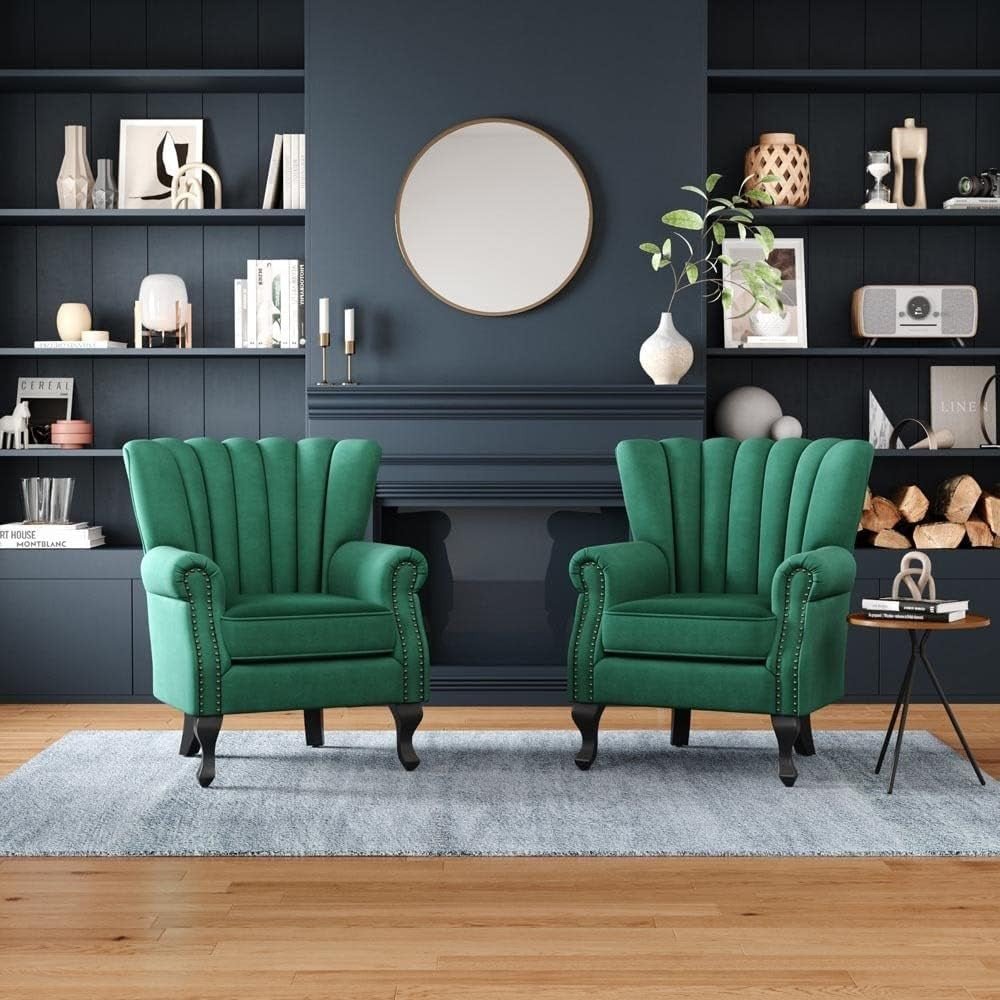 Green Velvet Wingback Accent Chair Fireside Armchair Wood Legs - Kwikley