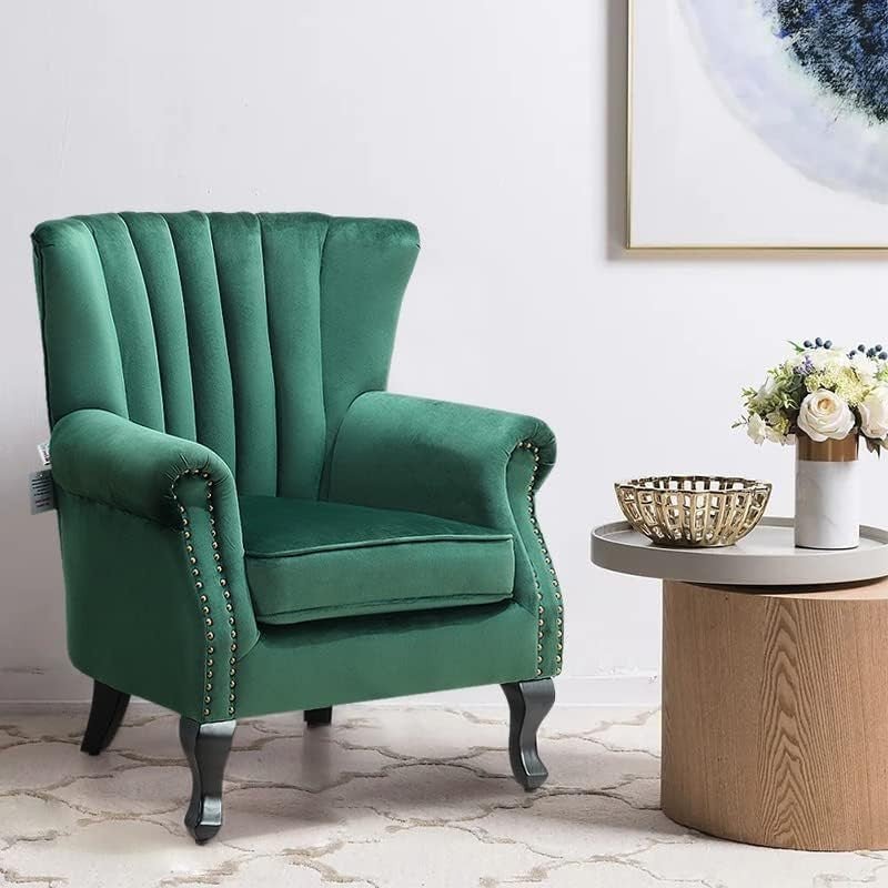 Green Velvet Wingback Accent Chair Fireside Armchair Wood Legs - Kwikley