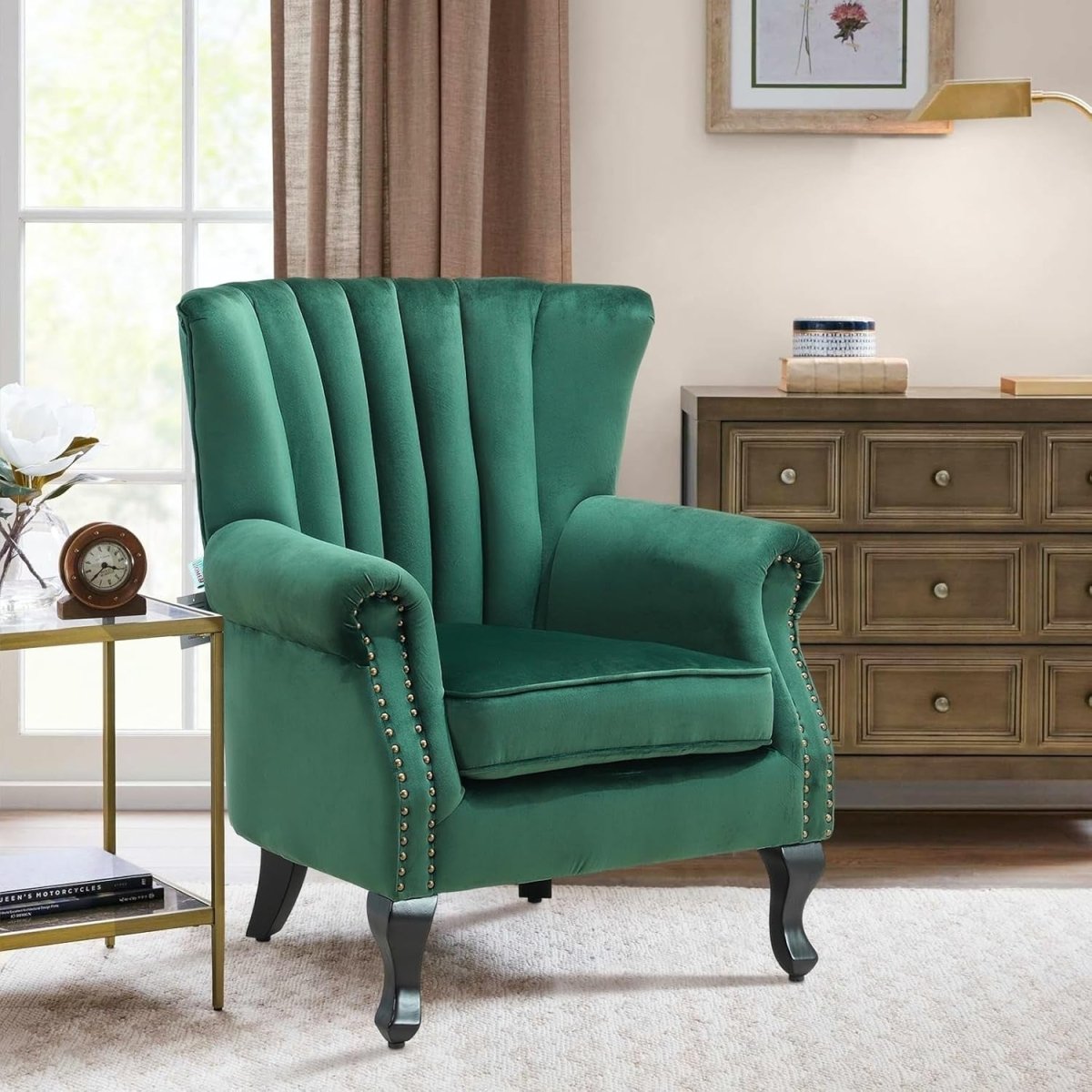 Green Velvet Wingback Accent Chair Fireside Armchair Wood Legs - Kwikley