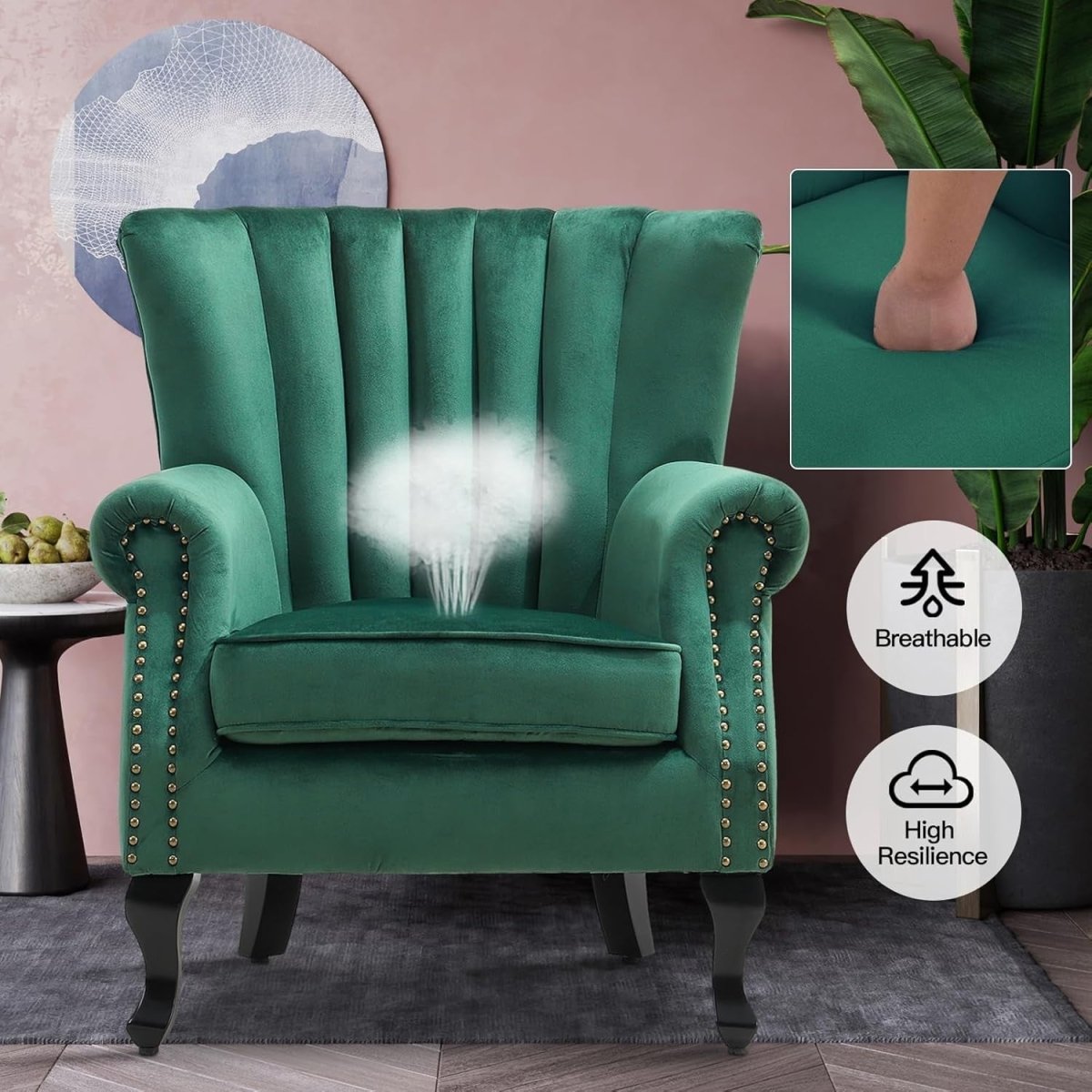 Green Velvet Wingback Accent Chair Fireside Armchair Wood Legs - Kwikley
