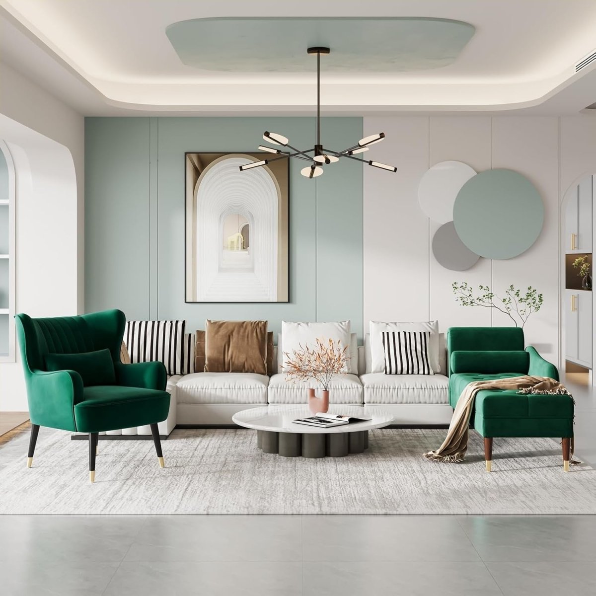 Green Velvet Wingback Accent Chair with Lumbar Pillow Lounge - Kwikley