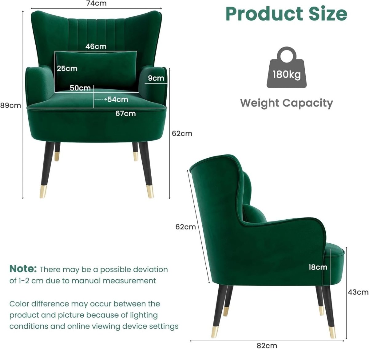 Green Velvet Wingback Accent Chair with Lumbar Pillow Lounge - Kwikley