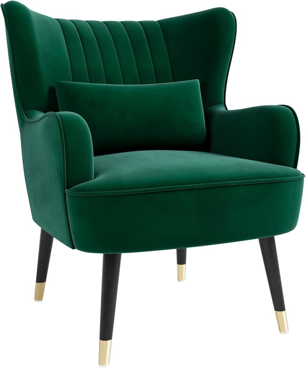 Green Velvet Wingback Accent Chair with Lumbar Pillow Lounge - Kwikley