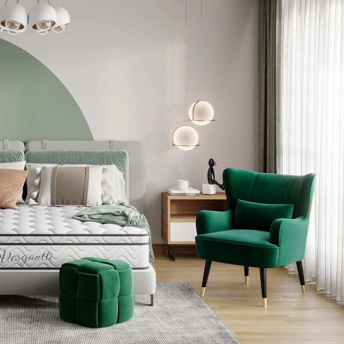 Green Velvet Wingback Accent Chair with Lumbar Pillow Lounge - Kwikley