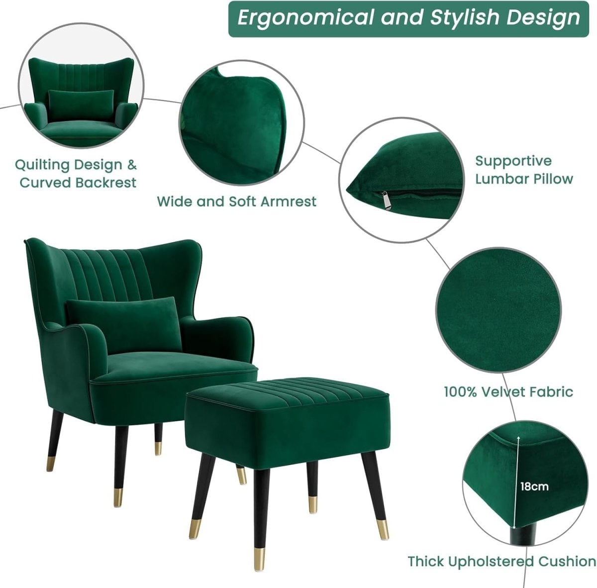 Green Velvet Wingback Armchair with Footstool Lumbar Pillow - Kwikley