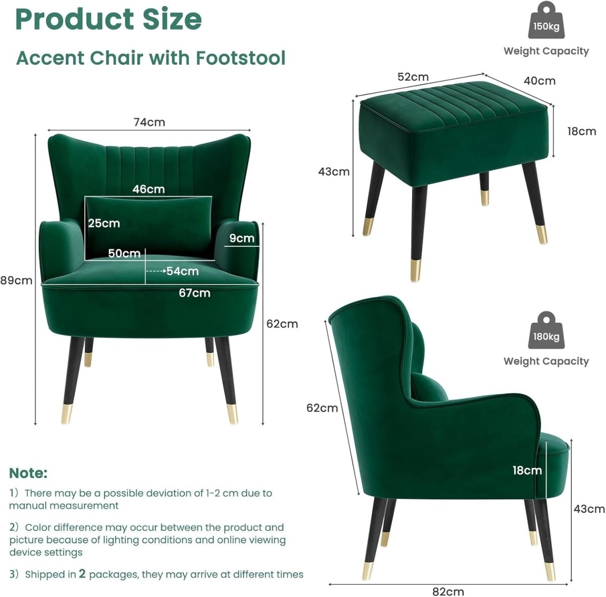 Green Velvet Wingback Armchair with Footstool Lumbar Pillow - Kwikley
