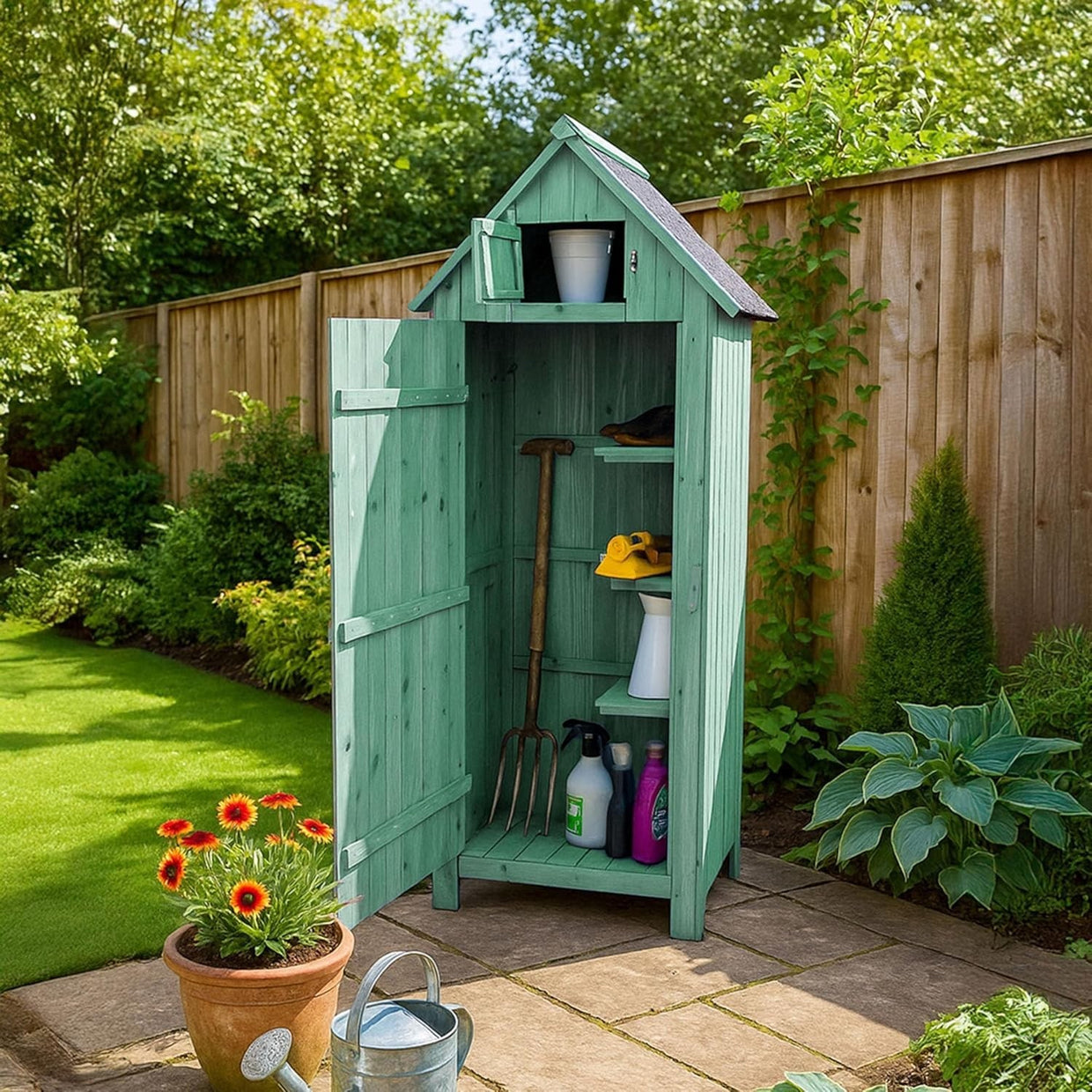Green Wooden Garden Tool Cabinet Shed with Lockable Storage & Shelves - Kwikley
