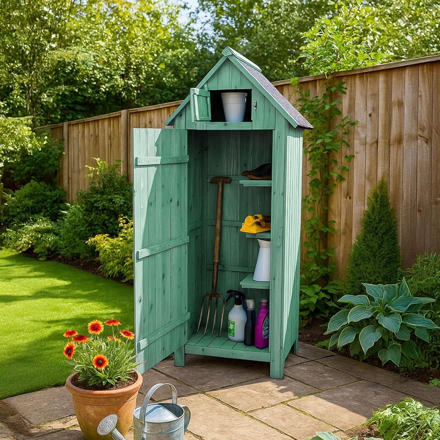 Green Wooden Garden Tool Cabinet Shed with Lockable Storage & Shelves - Kwikley