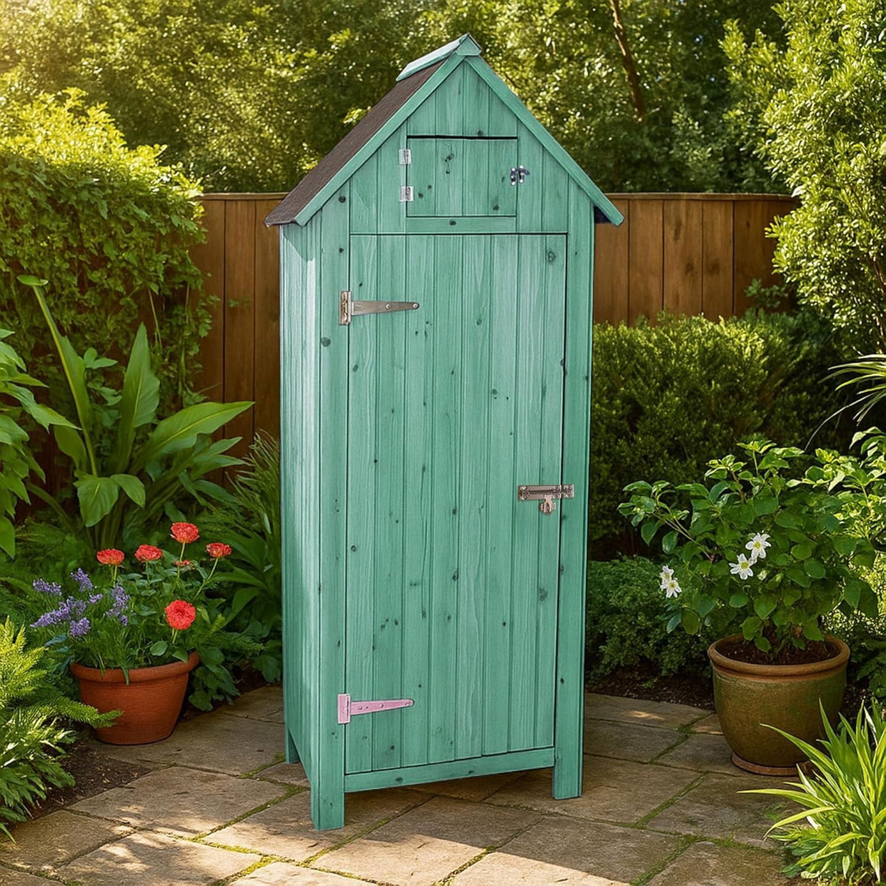 Green Wooden Garden Tool Cabinet Shed with Lockable Storage & Shelves - Kwikley