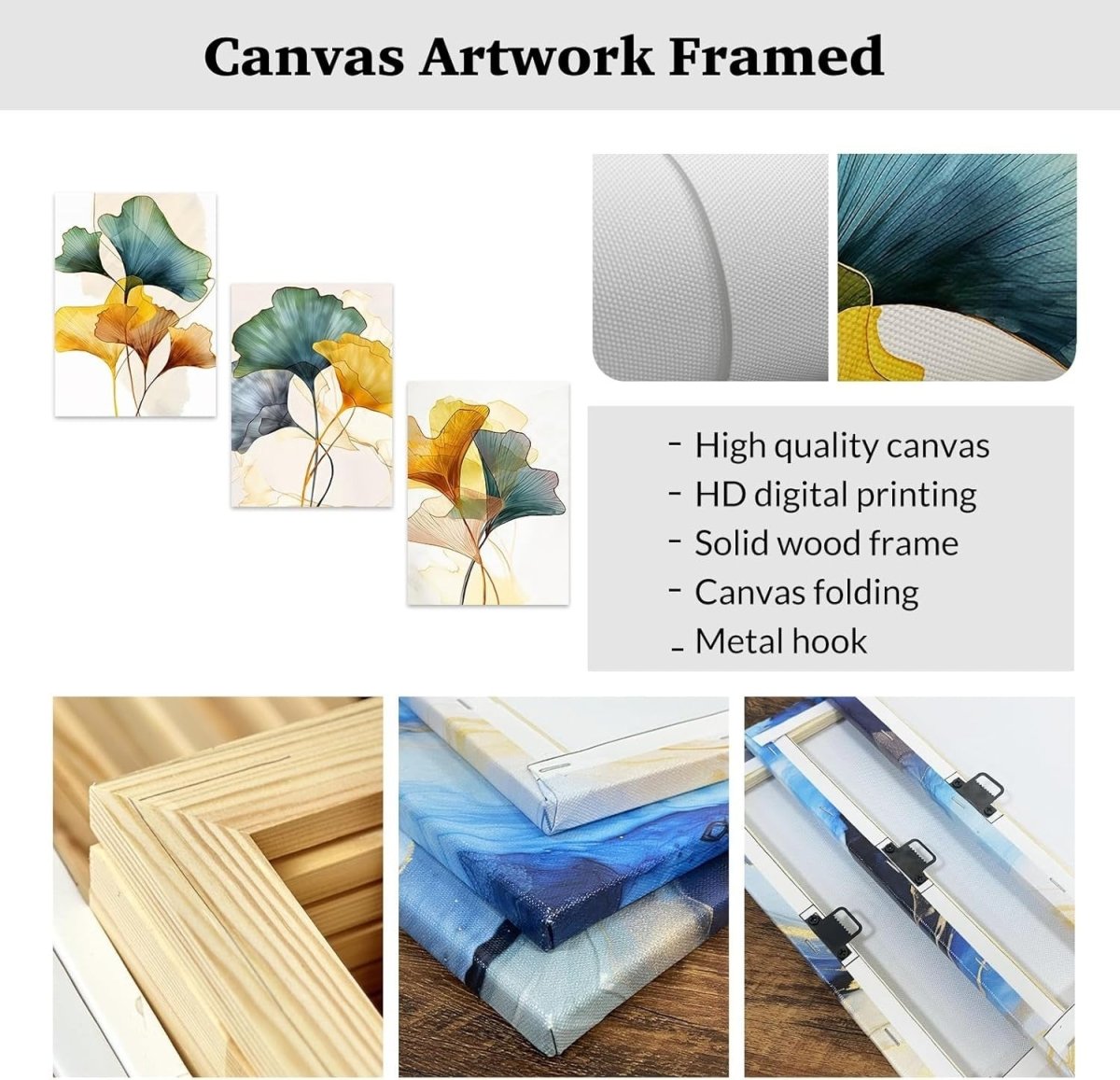 Green Yellow Ginkgo Leaf Canvas Wall Art Set 3x 28x35cm - Kwikley