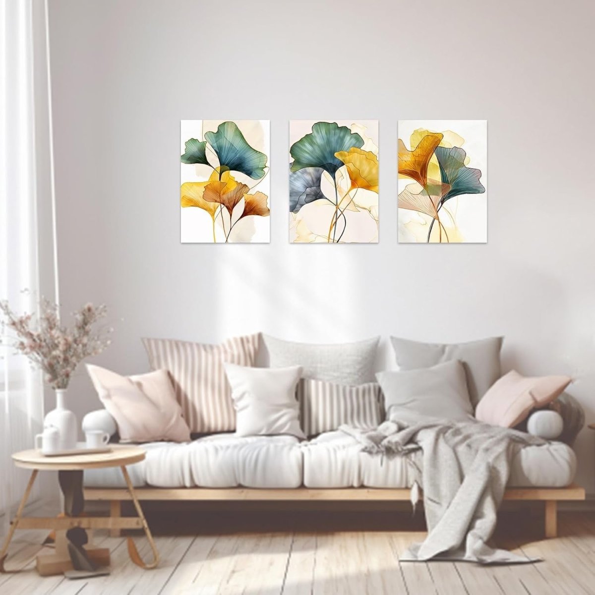 Green Yellow Ginkgo Leaf Canvas Wall Art Set 3x 28x35cm - Kwikley