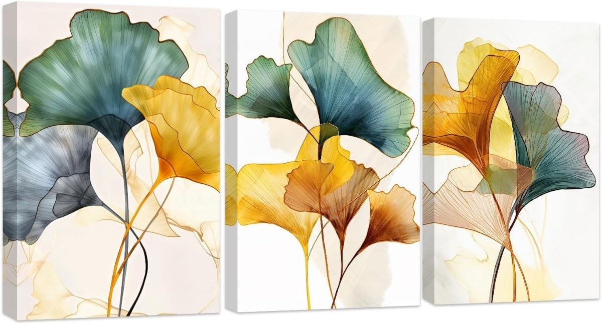 Green Yellow Ginkgo Leaf Canvas Wall Art Set 3x 28x35cm - Kwikley