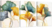 Green Yellow Ginkgo Leaf Canvas Wall Art Set 3x 28x35cm - Kwikley