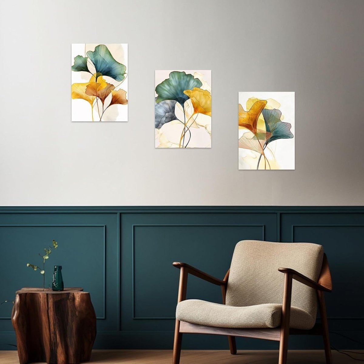 Green Yellow Ginkgo Leaf Canvas Wall Art Set 3x 28x35cm - Kwikley