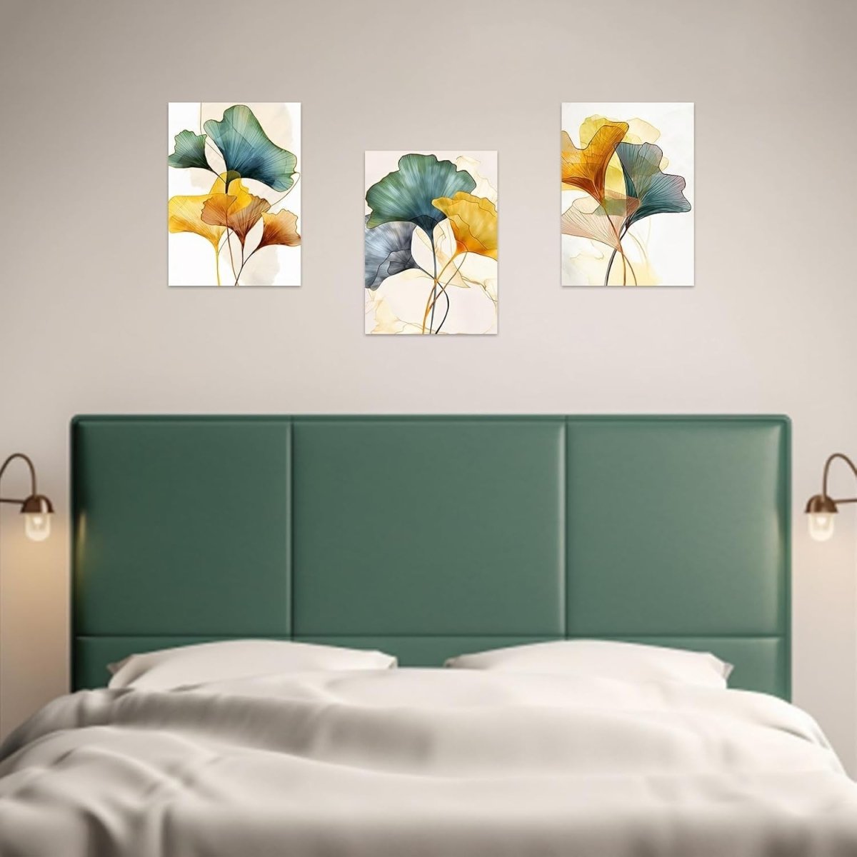 Green Yellow Ginkgo Leaf Canvas Wall Art Set 3x 28x35cm - Kwikley