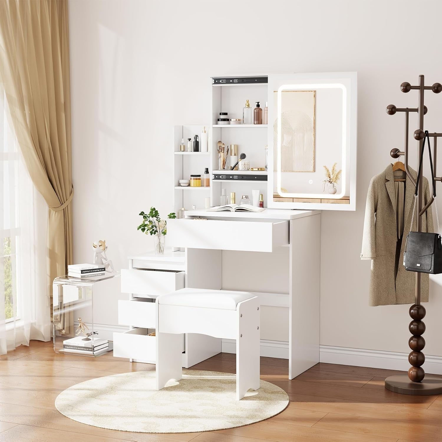 Greige Vanity Dressing Table 10 LED Lights Mirror Storage Drawer Bedroom Modern - Kwikley