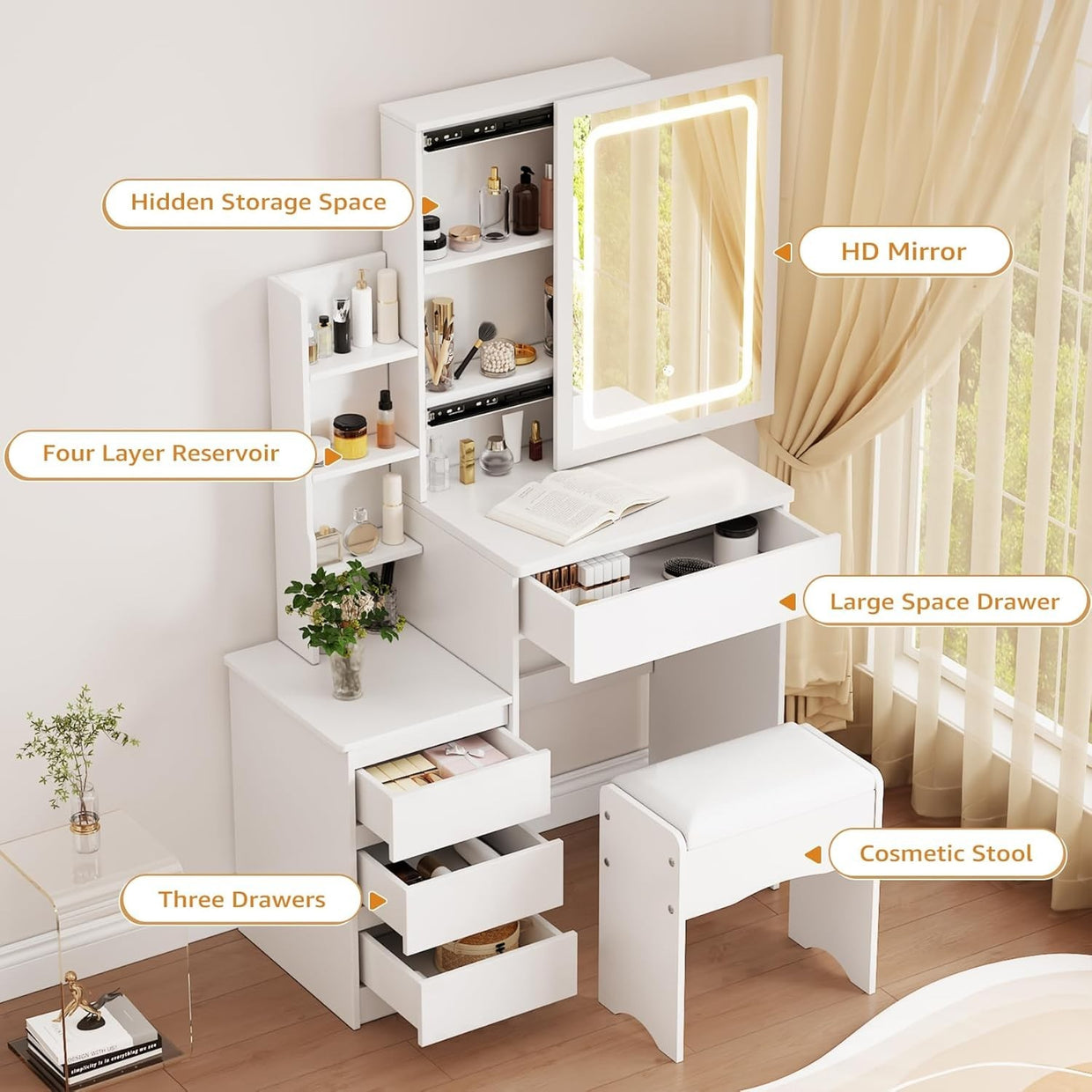 Greige Vanity Dressing Table 10 LED Lights Mirror Storage Drawer Bedroom Modern - Kwikley