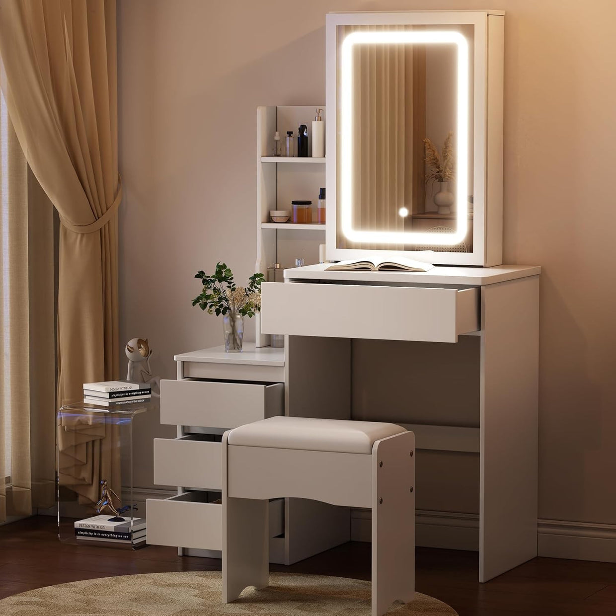 Greige Vanity Dressing Table 10 LED Lights Mirror Storage Drawer Bedroom Modern - Kwikley