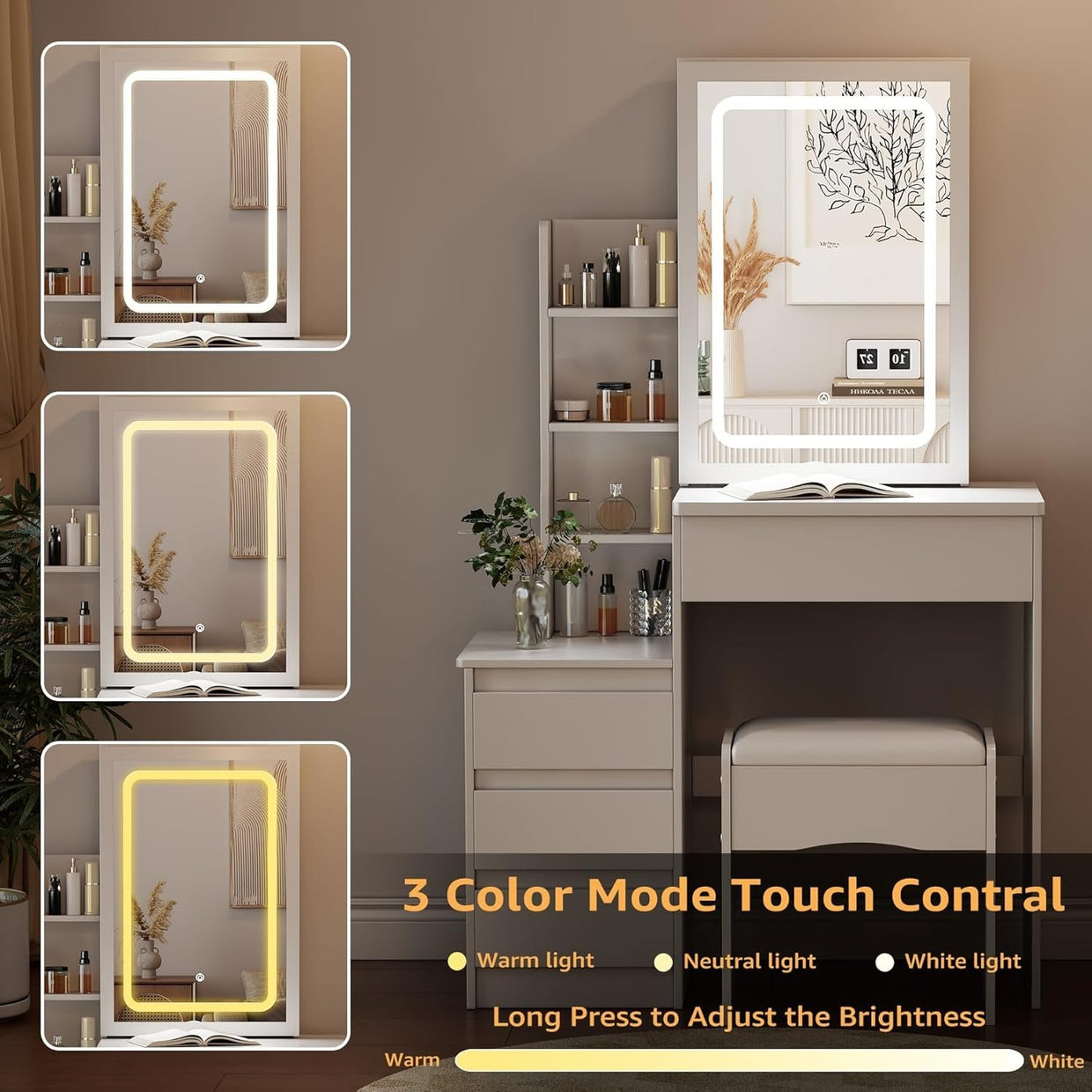 Greige Vanity Dressing Table 10 LED Lights Mirror Storage Drawer Bedroom Modern - Kwikley