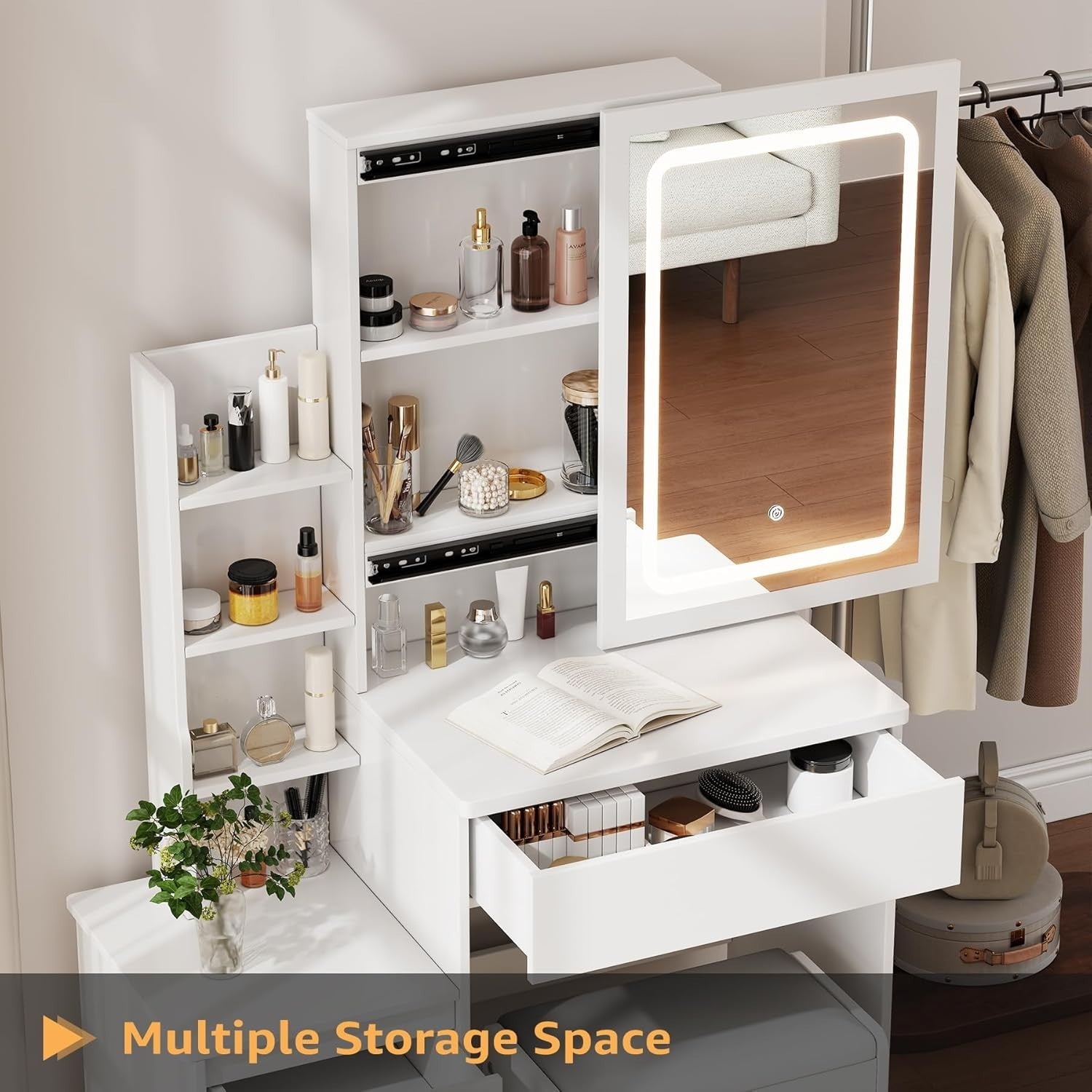 Greige Vanity Dressing Table 10 LED Lights Mirror Storage Drawer Bedroom Modern - Kwikley