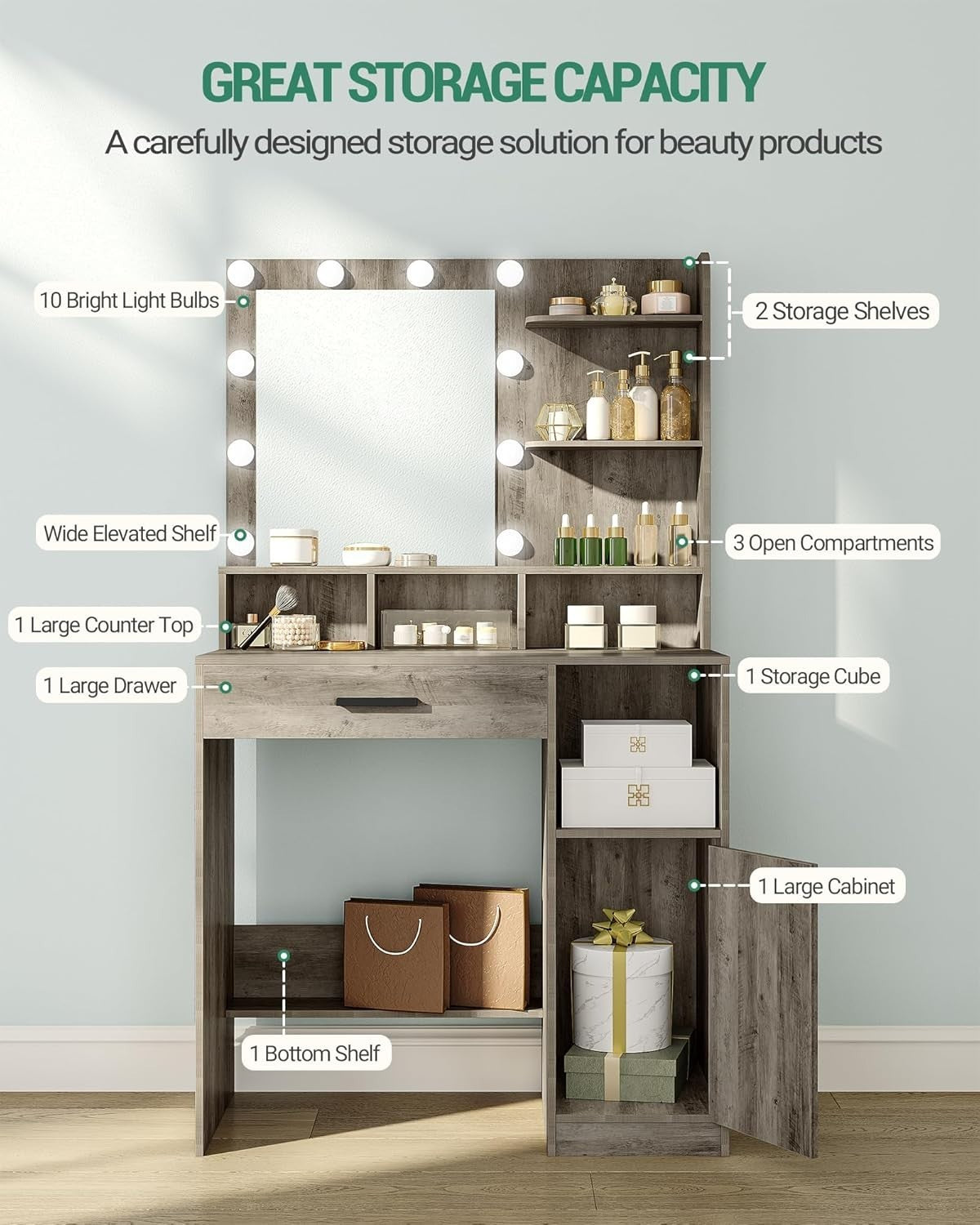 Greige Vanity Dressing Table with 10 Adjustable LED Lights Mirror Storage Drawer - Kwikley