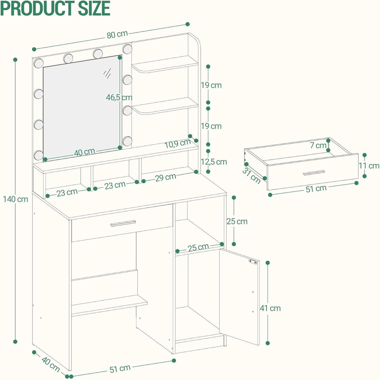 Greige Vanity Dressing Table with 10 Adjustable LED Lights Mirror Storage Drawer - Kwikley