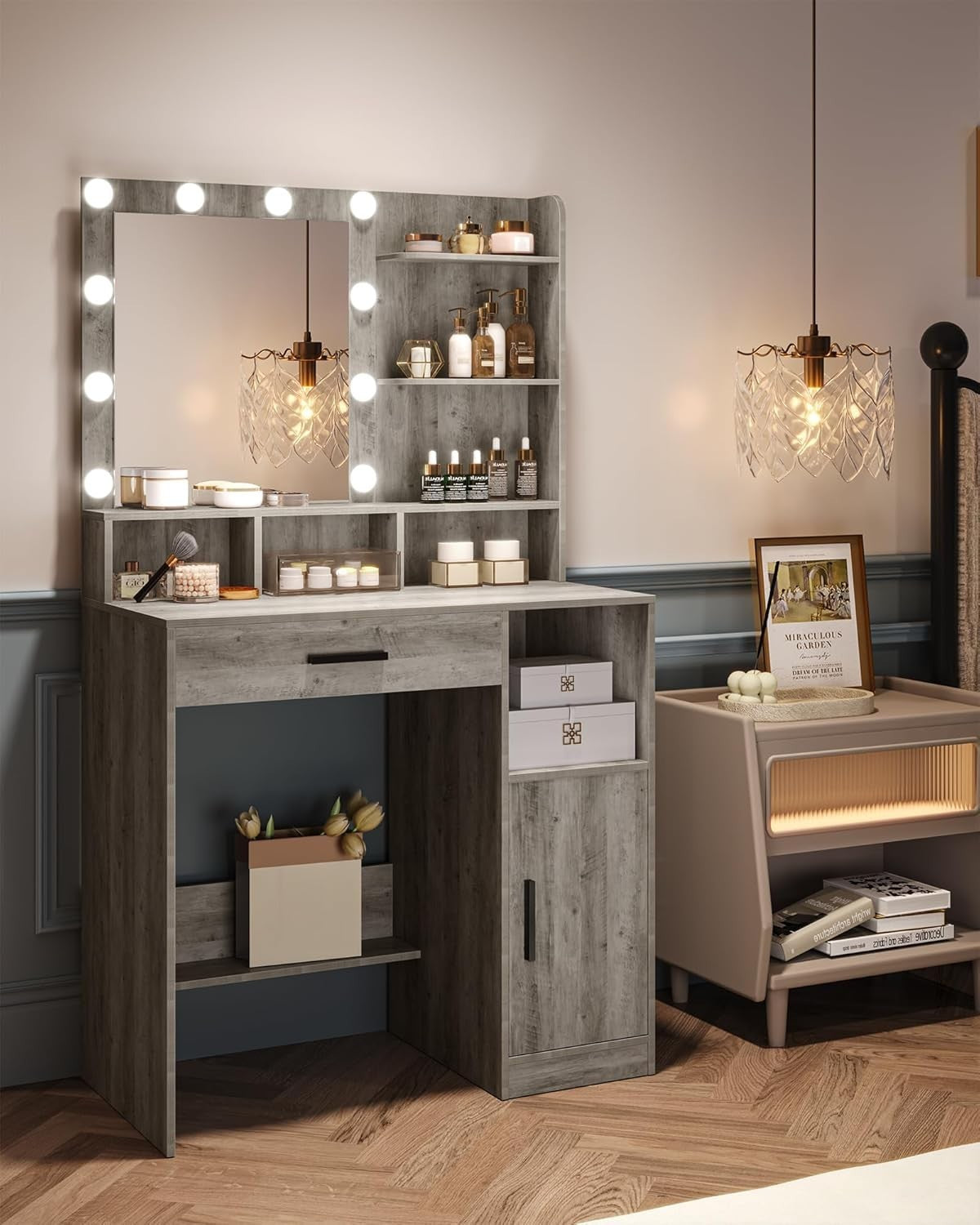 Greige Vanity Dressing Table with 10 Adjustable LED Lights Mirror Storage Drawer - Kwikley