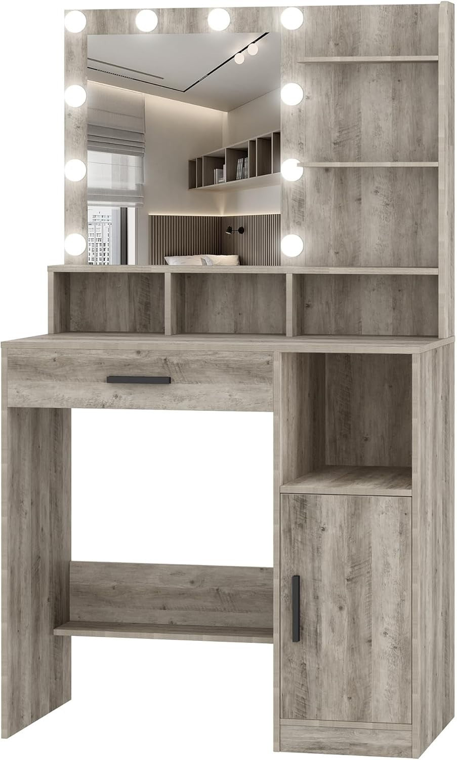 Greige Vanity Dressing Table with 10 Adjustable LED Lights Mirror Storage Drawer - Kwikley