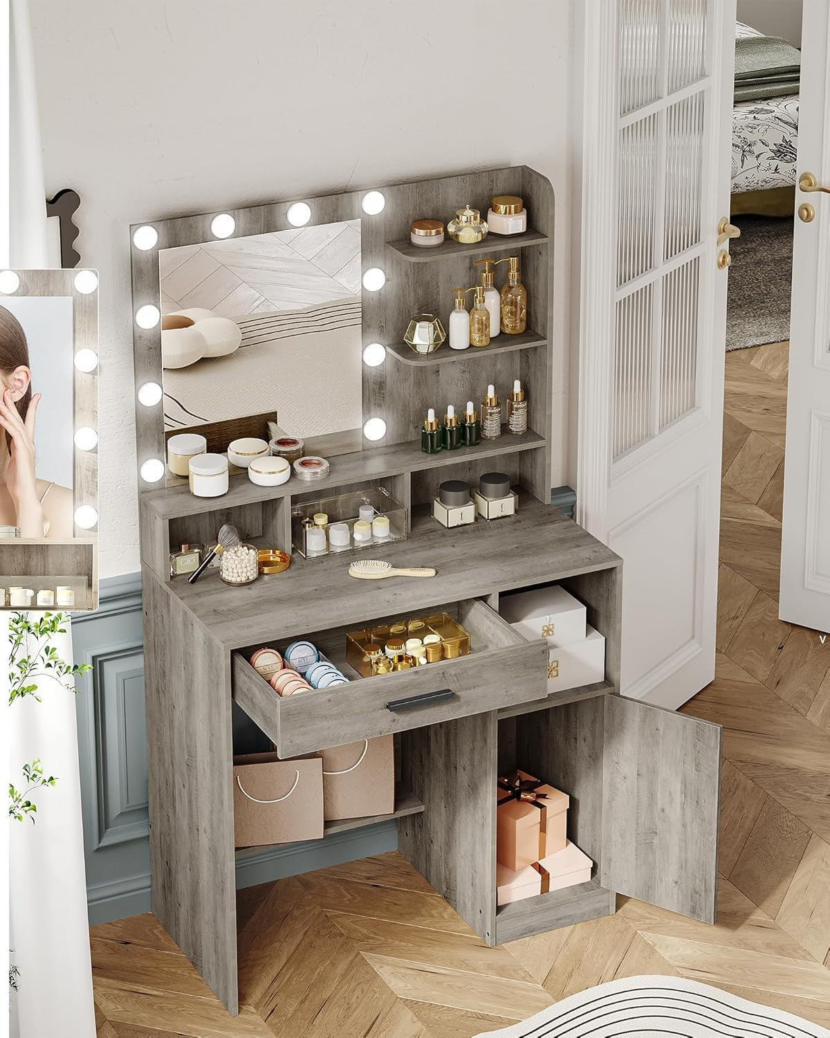 Greige Vanity Dressing Table with 10 Adjustable LED Lights Mirror Storage Drawer - Kwikley