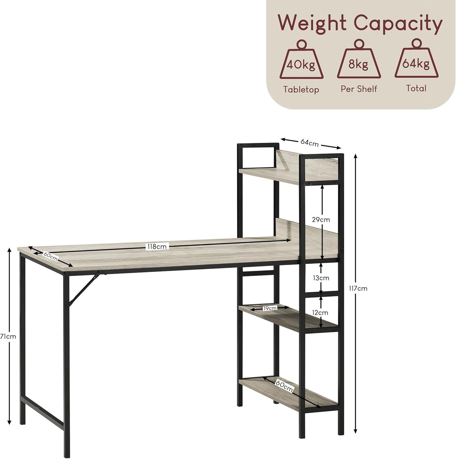 Grey 120cm Computer Desk w/Shelves Industrial Style Home Office Table - Kwikley