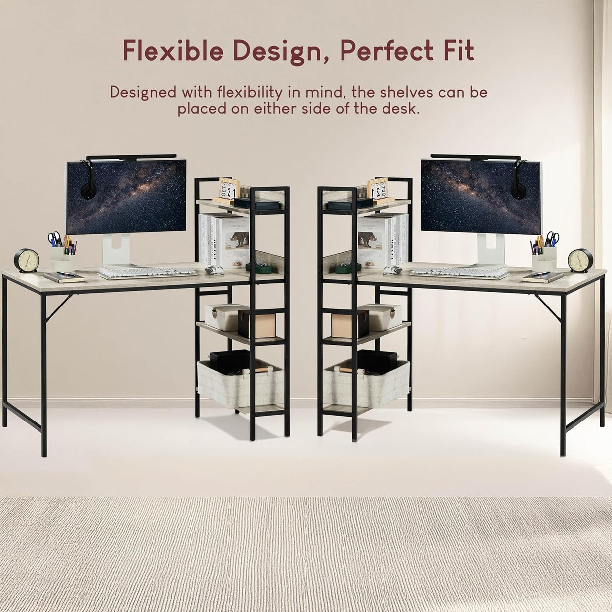 Grey 120cm Computer Desk w/Shelves Industrial Style Home Office Table - Kwikley