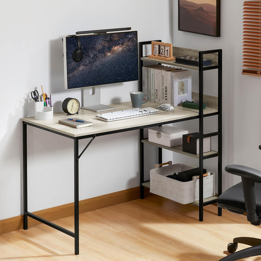 Grey 120cm Computer Desk w/Shelves Industrial Style Home Office Table - Kwikley
