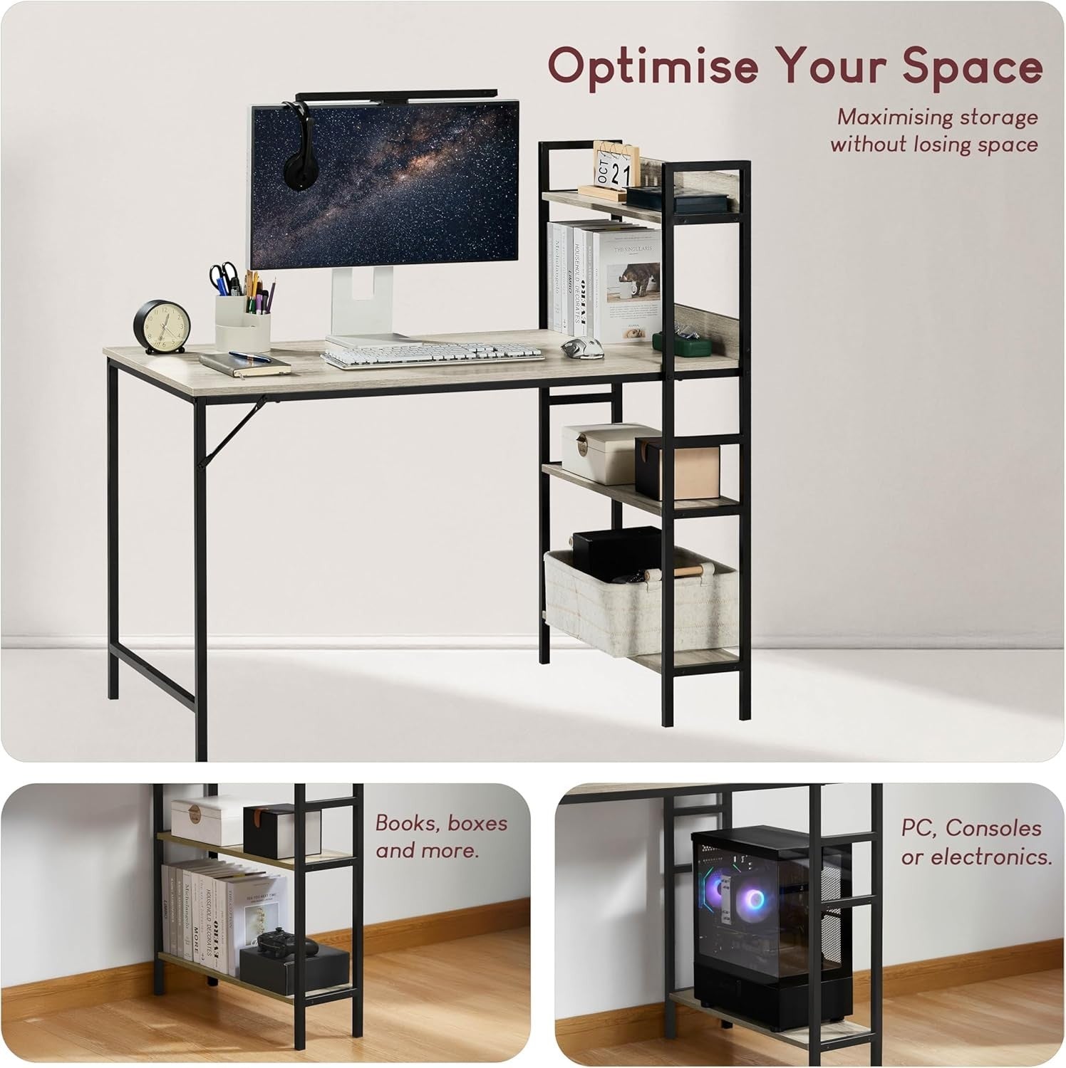Grey 120cm Computer Desk w/Shelves Industrial Style Home Office Table - Kwikley