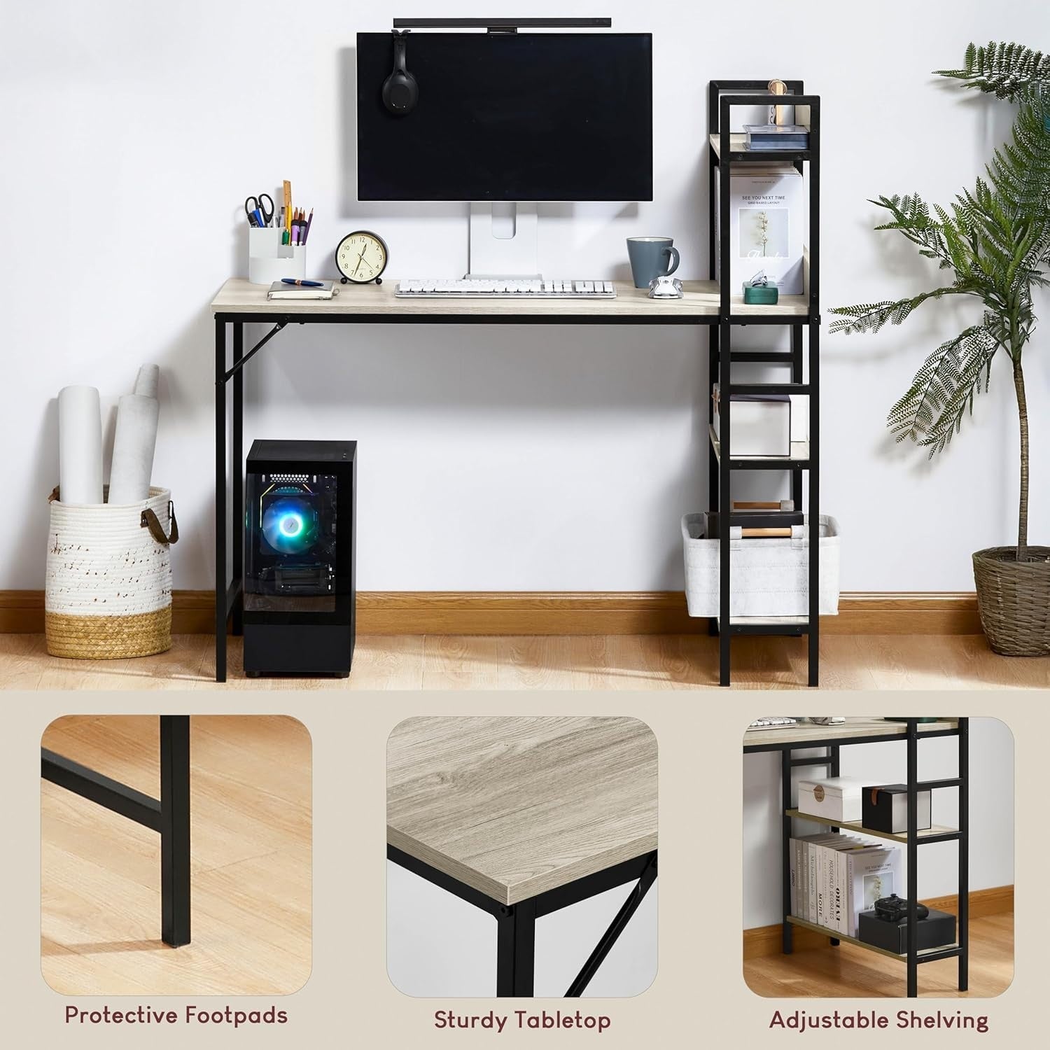 Grey 120cm Computer Desk w/Shelves Industrial Style Home Office Table - Kwikley