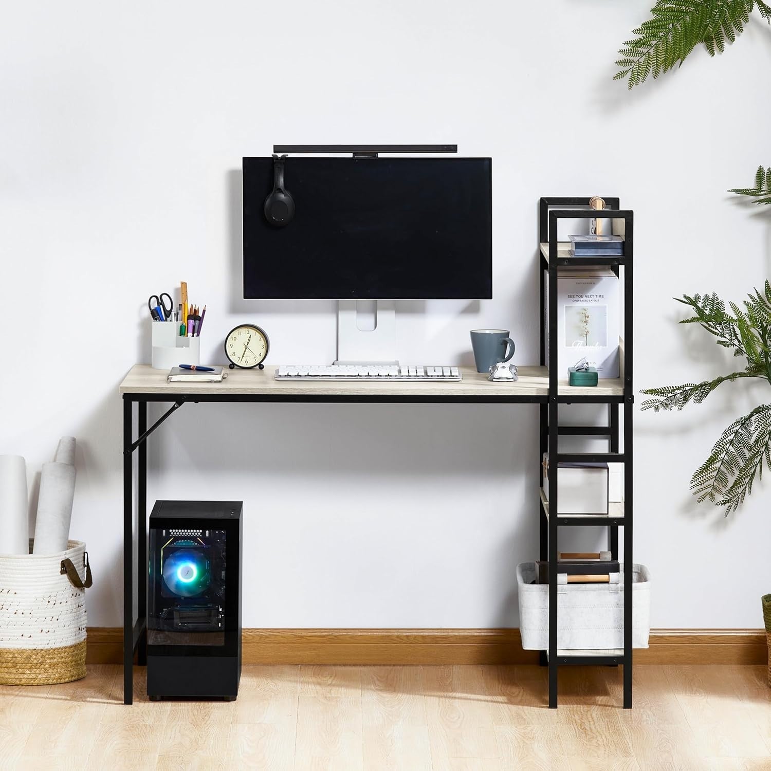 Grey 120cm Computer Desk w/Shelves Industrial Style Home Office Table - Kwikley