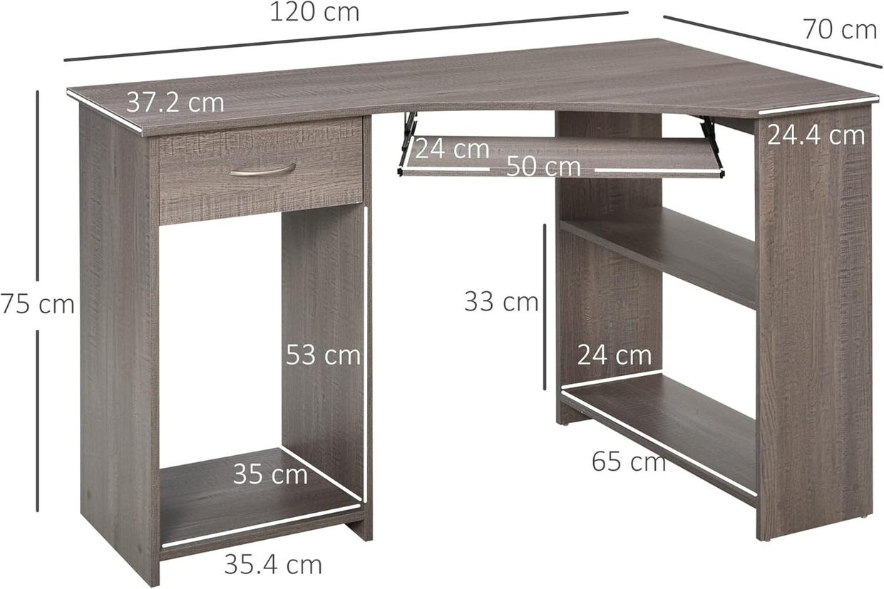 Grey 120cm L Shaped Computer Desk with Shelves, Drawer & Keyboard Tray - Kwikley