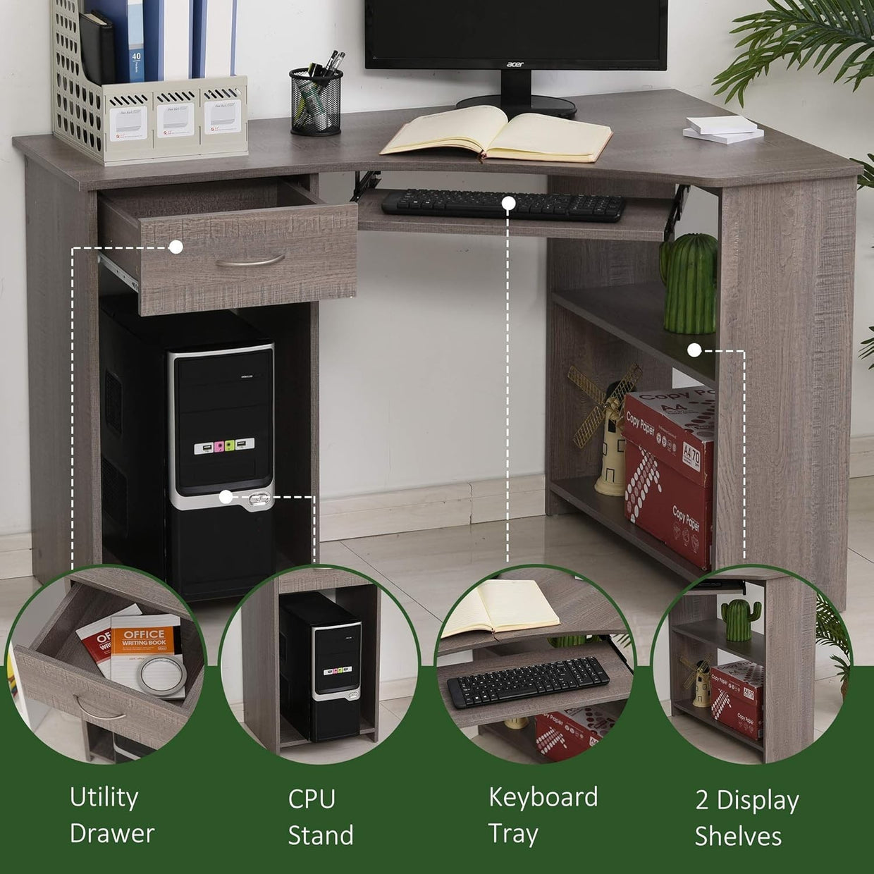 Grey 120cm L Shaped Computer Desk with Shelves, Drawer & Keyboard Tray - Kwikley