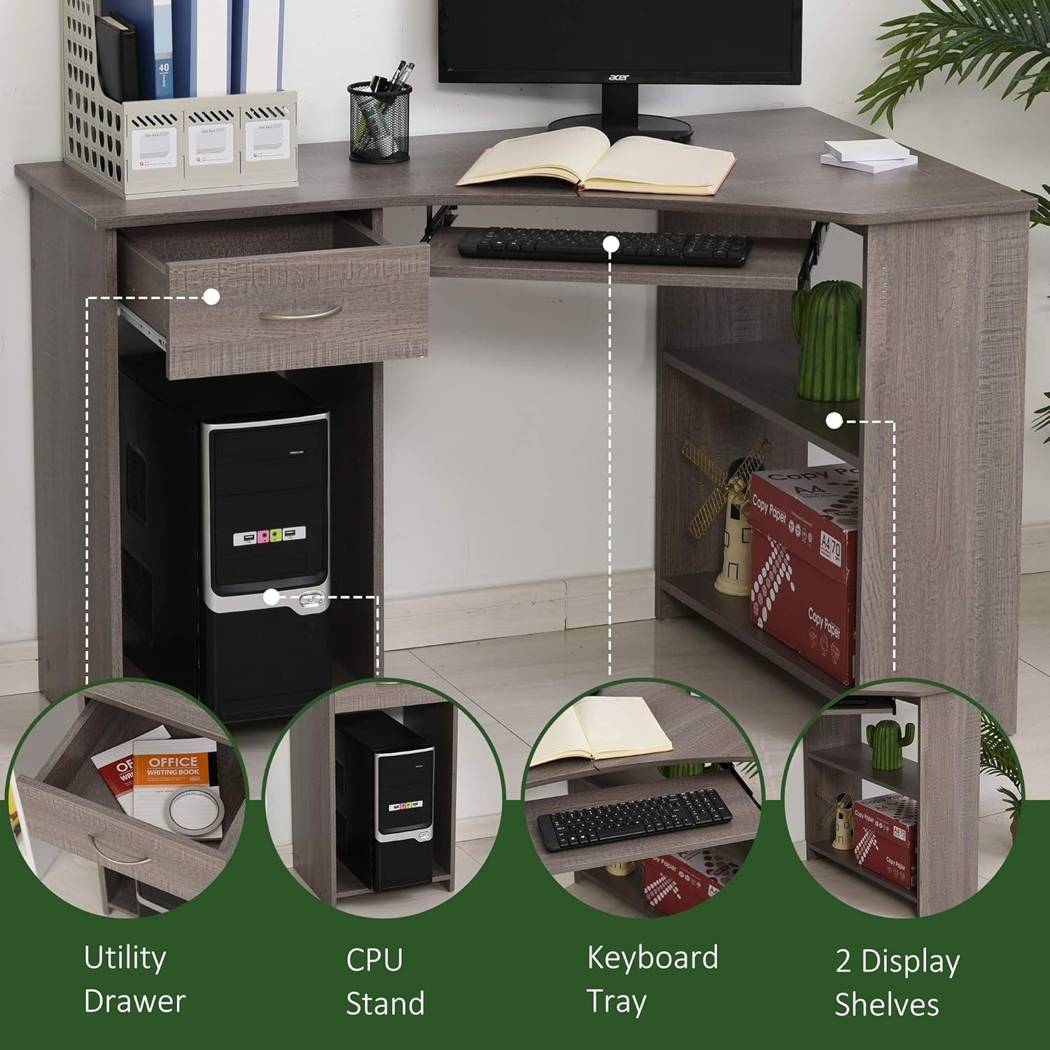 Grey 120cm L Shaped Computer Desk with Shelves, Drawer & Keyboard Tray - Kwikley