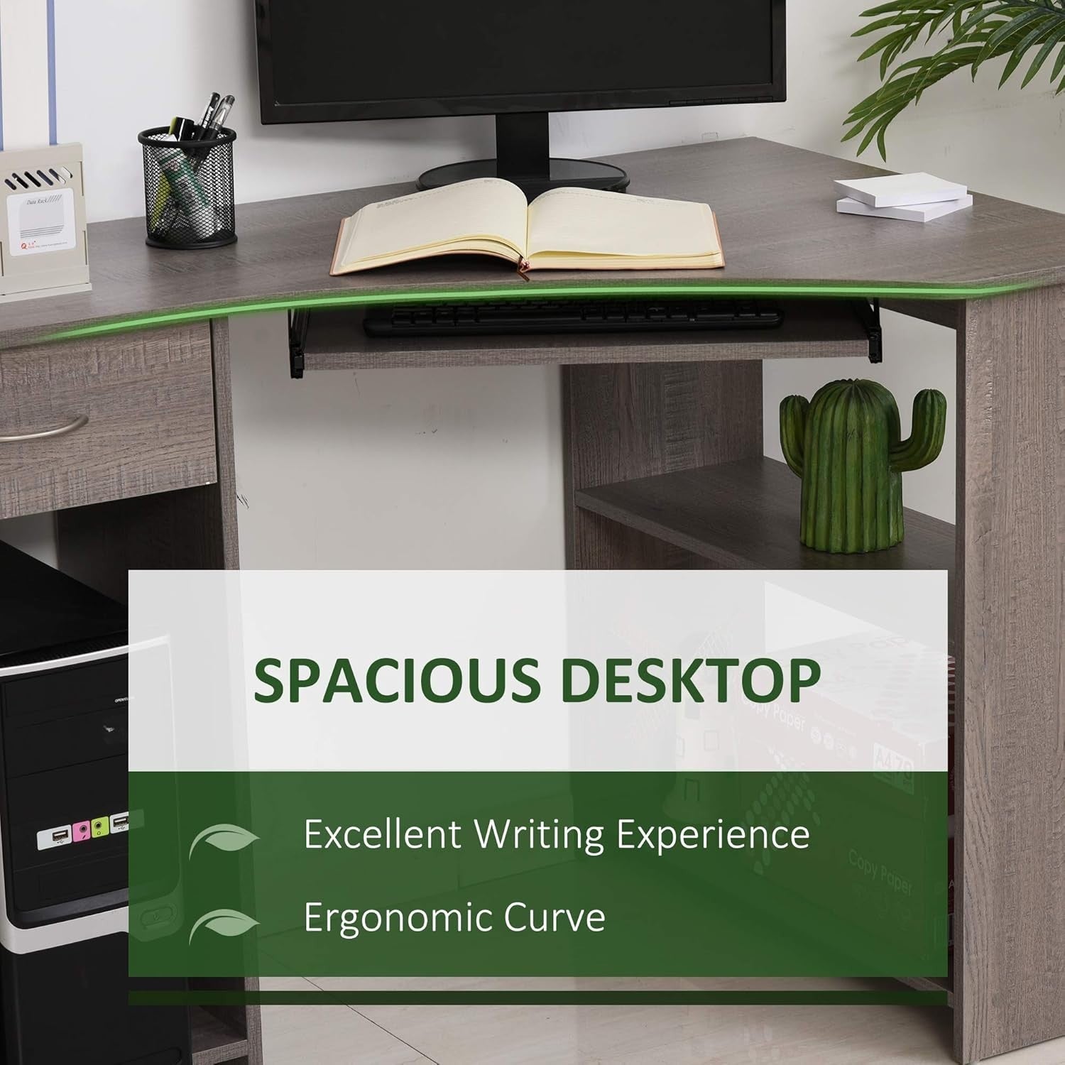 Grey 120cm L Shaped Computer Desk with Shelves, Drawer & Keyboard Tray - Kwikley