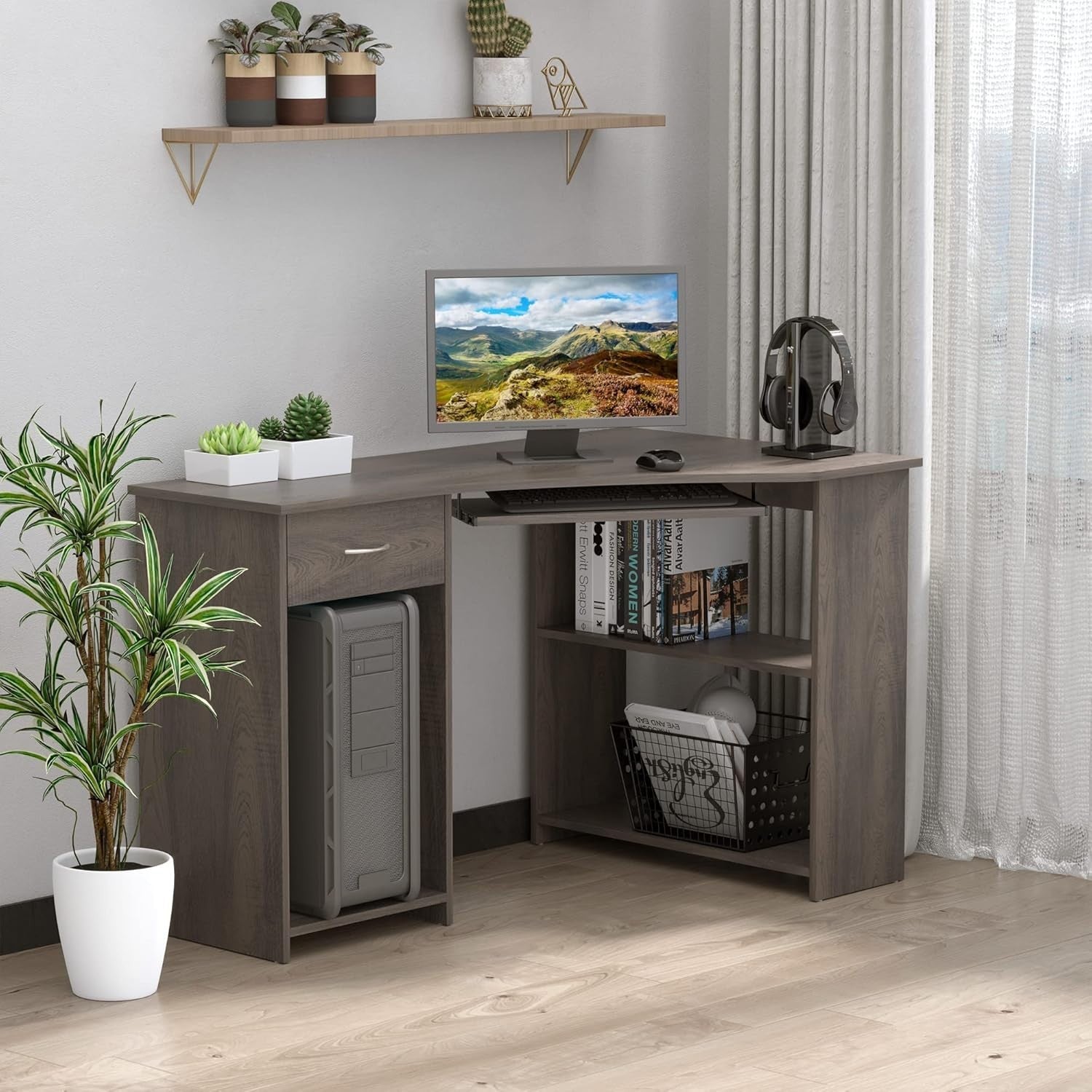 Grey 120cm L Shaped Computer Desk with Shelves, Drawer & Keyboard Tray - Kwikley