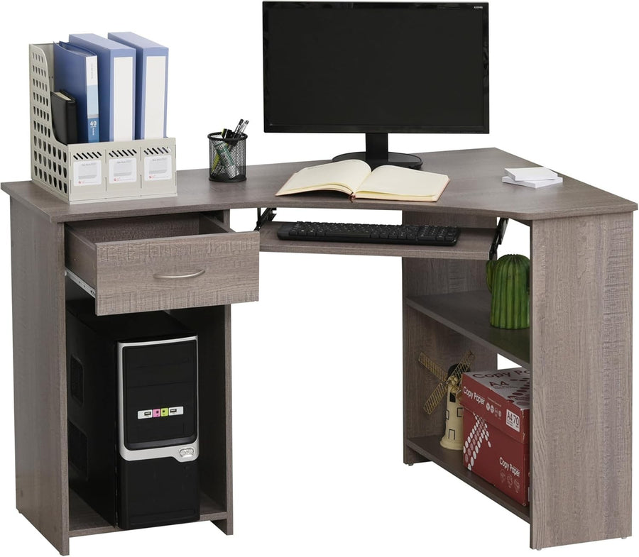 Grey 120cm L Shaped Computer Desk with Shelves, Drawer & Keyboard Tray - Kwikley